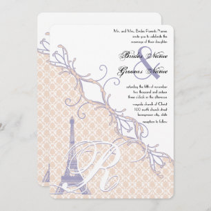 Invitation Tour Eiffel Vintage Damask Argent Peony Lavender