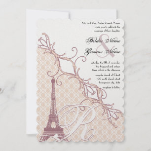 Invitation Tour Eiffel Vintage Damask Argent Peony Lavender