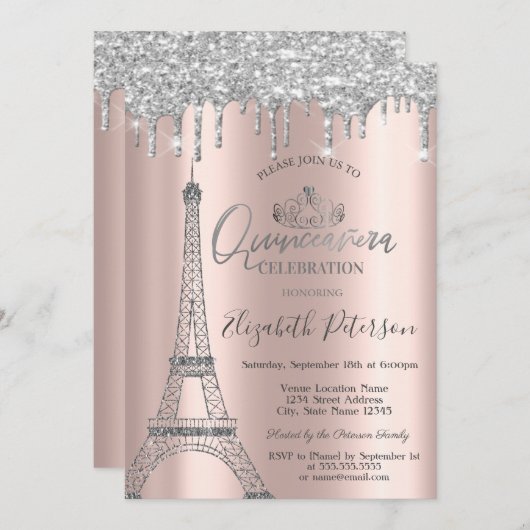Invitation Tour GlitterEiffel, Tiara, Déchets Silver Quinceañ (Devant / Derrière)