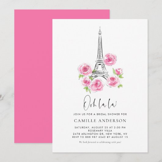 Invitation Tour Ooh la Eiffel Fête des mariées florale rose (Devant / Derrière)