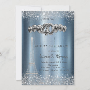 Invitation Tour Pailletée Confettis Ballons Bleu Métallisé 40