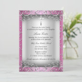 Invitation Tourbillon Argent Rose & Croix Baptême (Debout devant)