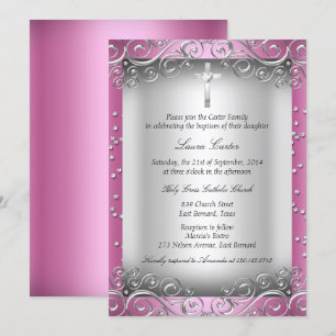 Invitation Tourbillon Argent Rose & Croix Baptême