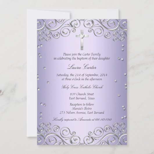 Invitation Tourbillon d'argent pourpre et baptême croisé/bapt (Devant)