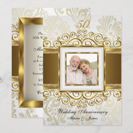 Invitation Tourbillon de damas or et perle Photo 50e annivers (Devant / Derrière)