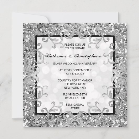 Invitation Tourbillon de fleurs argentées pailletées quatrefe (Devant)