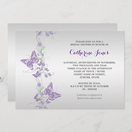 Invitation Tourbillon de papillon argenté violet (Devant / Derrière)