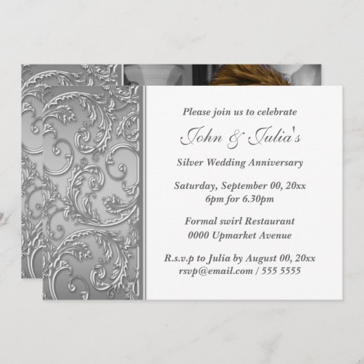 Invitation Tourbillon floral mariage d'anniversaire argent (Devant / Derrière)