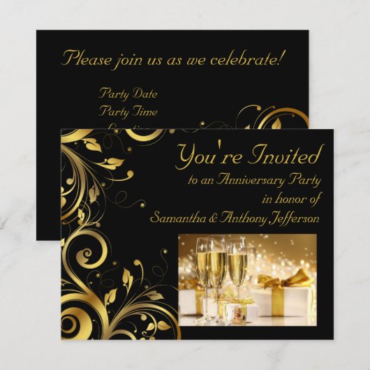Invitation Tourbillon noir et or, fête d'anniversaire personn (Devant / Derrière)