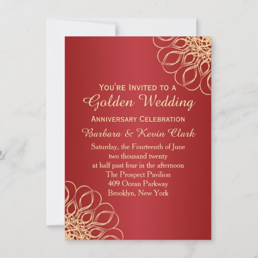 Invitation Tourbillons d'or sur rouge 50e anniversaire (Dos)