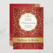 Invitation Tourbillons dorés sur fond rouge 50e anniversaire (Devant / Derrière)