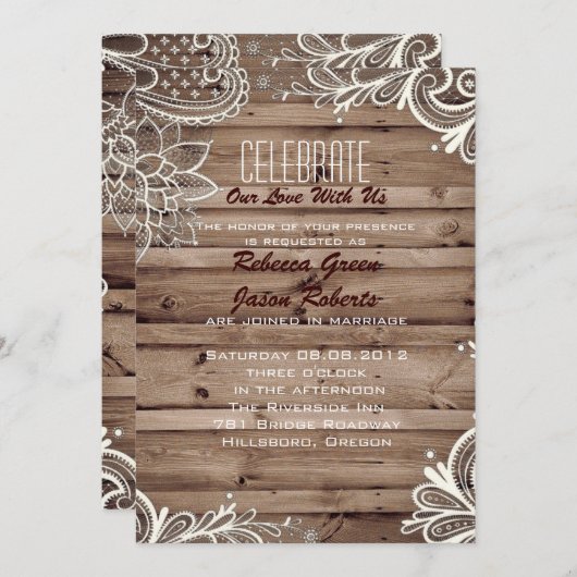 Invitation tourbillons fleuris dentelle grange mariage campag (Devant / Derrière)