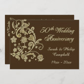 Invitation Tourbillons floraux dorés, cœurs 50e anniversaire  (Devant / Derrière)