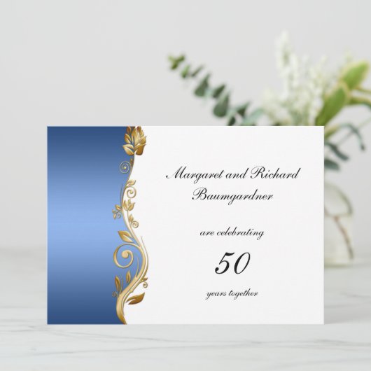 Invitation Tourbillons Floraux Or Bleu 50e Anniversaire de Ma (Debout devant)