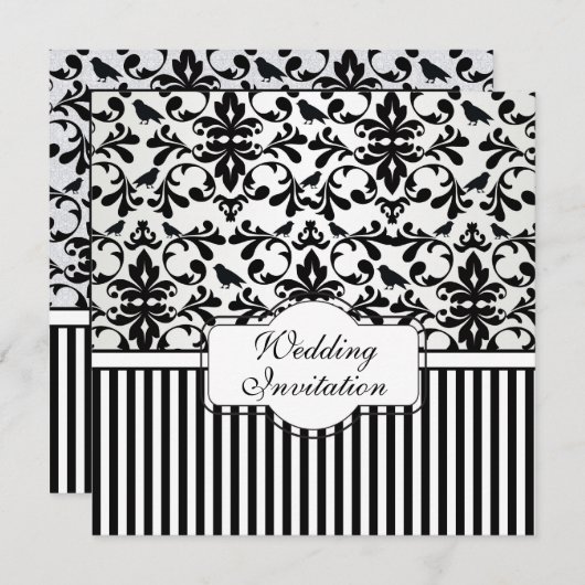 Invitation Tourbillons noirs blancs, oiseaux, rayures Mariage (Devant / Derrière)