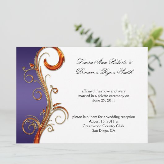 Invitation Tourbillons Ornés de Violet Orange et Or (Debout devant)