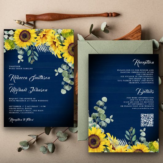 Invitation Tournage de tournesols Code QR Eucalyptus Bleu Nui