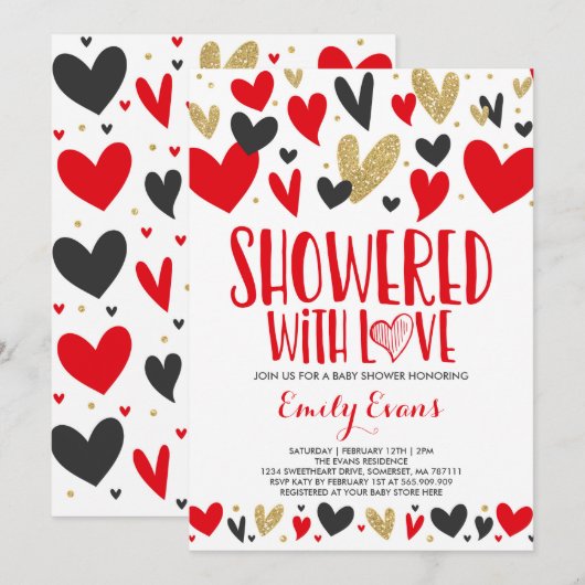 Invitation Tourné avec les coeurs d'invitation de Baby shower (Devant / Derrière)