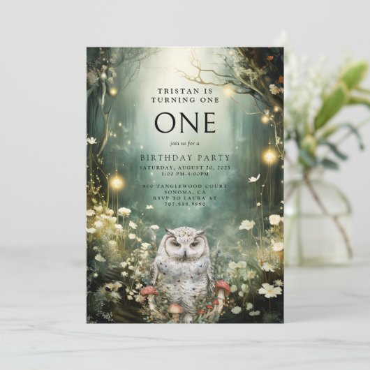 Invitation Tourner une Chouette de forêt enchantée 1er annive (Debout devant)