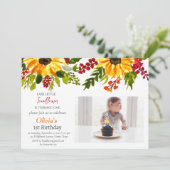 Invitation Tournesol 1er anniversaire fille photo florale (Debout devant)