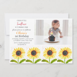 Invitation Tournesol 1er anniversaire fille photo florale