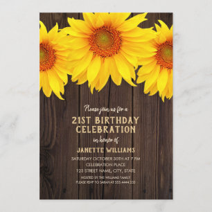 Invitation Tournesol 21e fête d'anniversaire Bois rustique