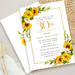 Invitation Tournesol 30e fête d'été<br><div class="desc">Joli tournesol jaune floral 30ème anniversaire invitation fête. Les tourbières jaunes et les marguerites blanches se mêlent aux tournesols. Un cadre en or rectangulaire lui donne une ambiance élégante. La fête du 30e anniversaire et le nom du célébrant sont écrits en or. Très facile à customiser. Ce dos est blanc...</div>