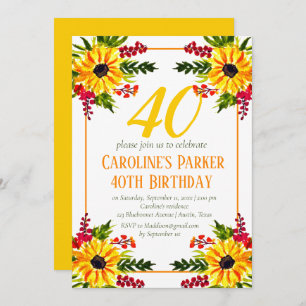 Invitation Tournesol 40e anniversaire Jaune Floral Adulte