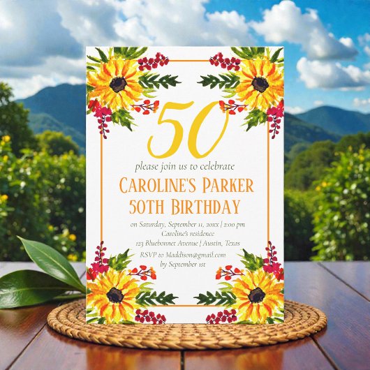 Invitation Tournesol 50e anniversaire Jaune Floral Adulte