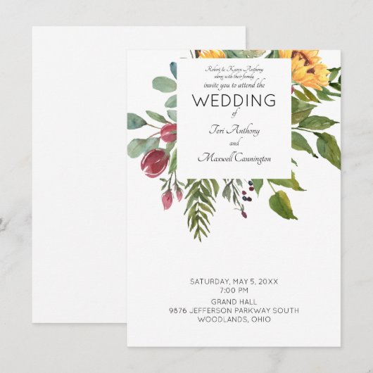 Invitation Tournesol à l'aquarelle moderne Mariage Parents Bl (Devant / Derrière)