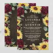 Invitation Tournesol à thème et Mariage de rose rouge bordeau (Devant / Derrière)