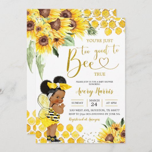 Invitation Tournesol Afro Trop bon pour être vrai Baby shower (Devant / Derrière)