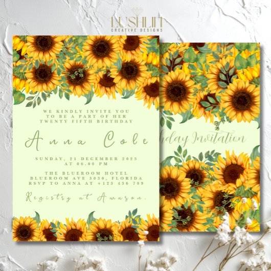 Invitation Tournesol Anniversaire Rustique Jaune Floral