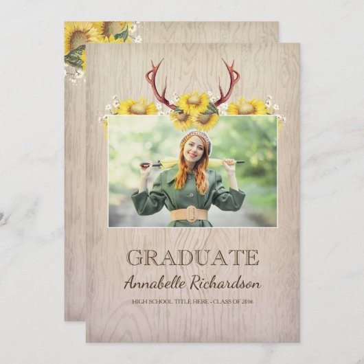 Invitation Tournesol Antlers Rustic Photo Graduation (Devant / Derrière)