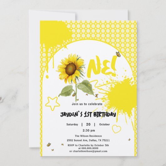 Invitation Tournesol aquarelle avec papillons 1er anniversair (Devant)