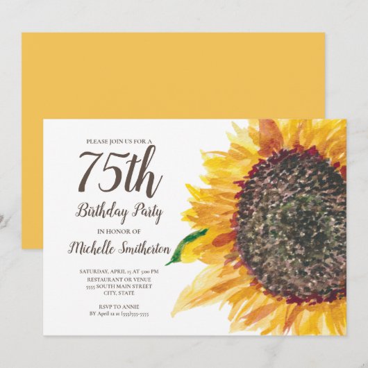 Invitation Tournesol Aquarelle Florale Blanc 75e anniversaire (Devant / Derrière)