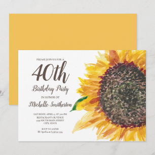 Invitation Tournesol aquarelle jaune 40e anniversaire femmes