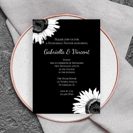 Invitation Tournesol blanc sur le dîner de répétition Mariage