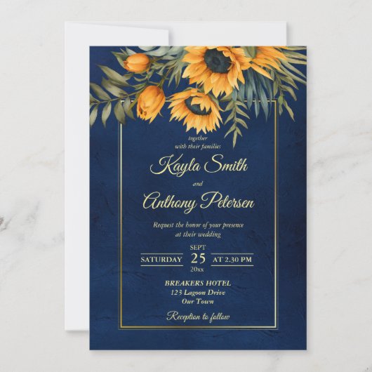 Invitation tournesol bleu marine mariage de automne tout en u (Devant)