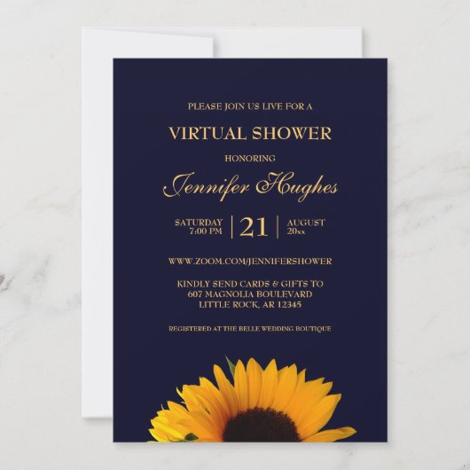 Invitation Tournesol Bleu Marine Virtuel Shower (Devant)