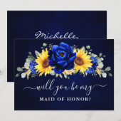 Invitation Tournesol bleu royal Serez-vous ma servante d'honn (Devant / Derrière)