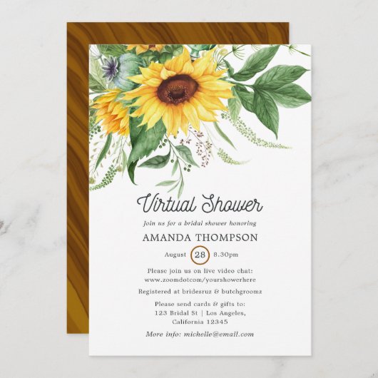 Invitation Tournesol bohème rustique Douche virtuelle (Devant / Derrière)