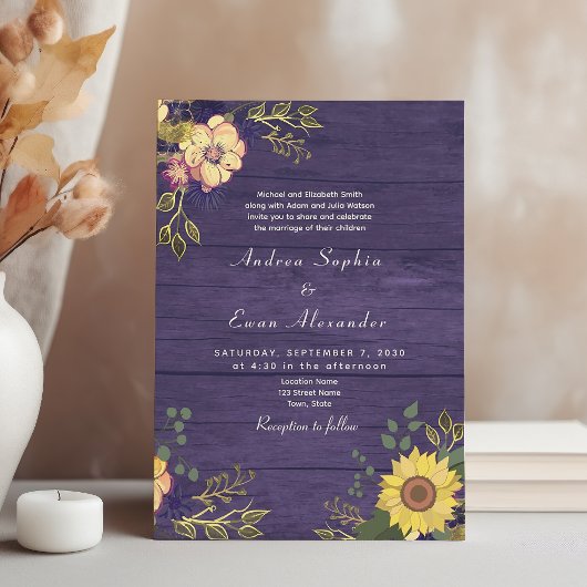 Invitation Tournesol Boho Rustique violet Mariage