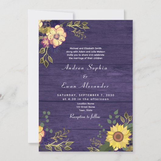 Invitation Tournesol Boho Rustique violet Mariage (Devant)