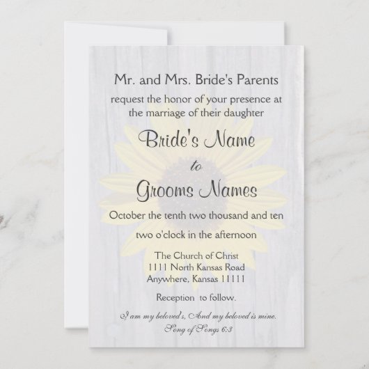 Invitation Tournesol Bois Grain Mariage avec verset (Dos)
