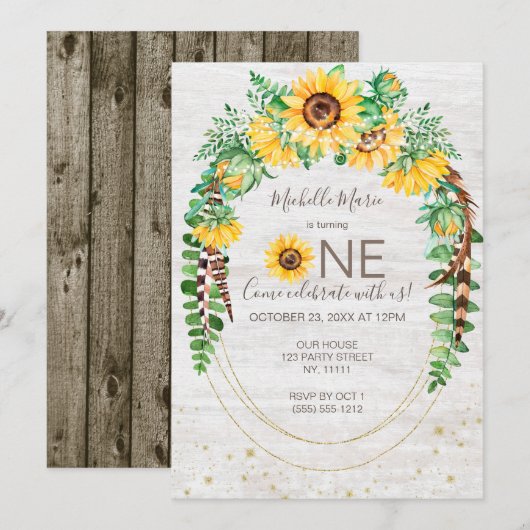 Invitation Tournesol Bois rustique Lumières Premier anniversa (Devant / Derrière)