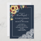 Invitation Tournesol Bourgogne Bleu Marine Bois Script Mariag (Devant)
