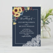 Invitation Tournesol Bourgogne Bleu Marine Bois Script Mariag (Debout devant)