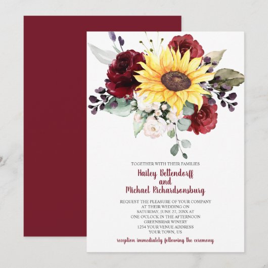 Invitation Tournesol Bourgogne Rose Mariage de verdure (Devant / Derrière)