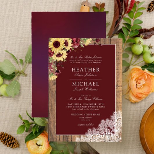 Invitation Tournesol Bourgogne Rustique Mariage de script de 